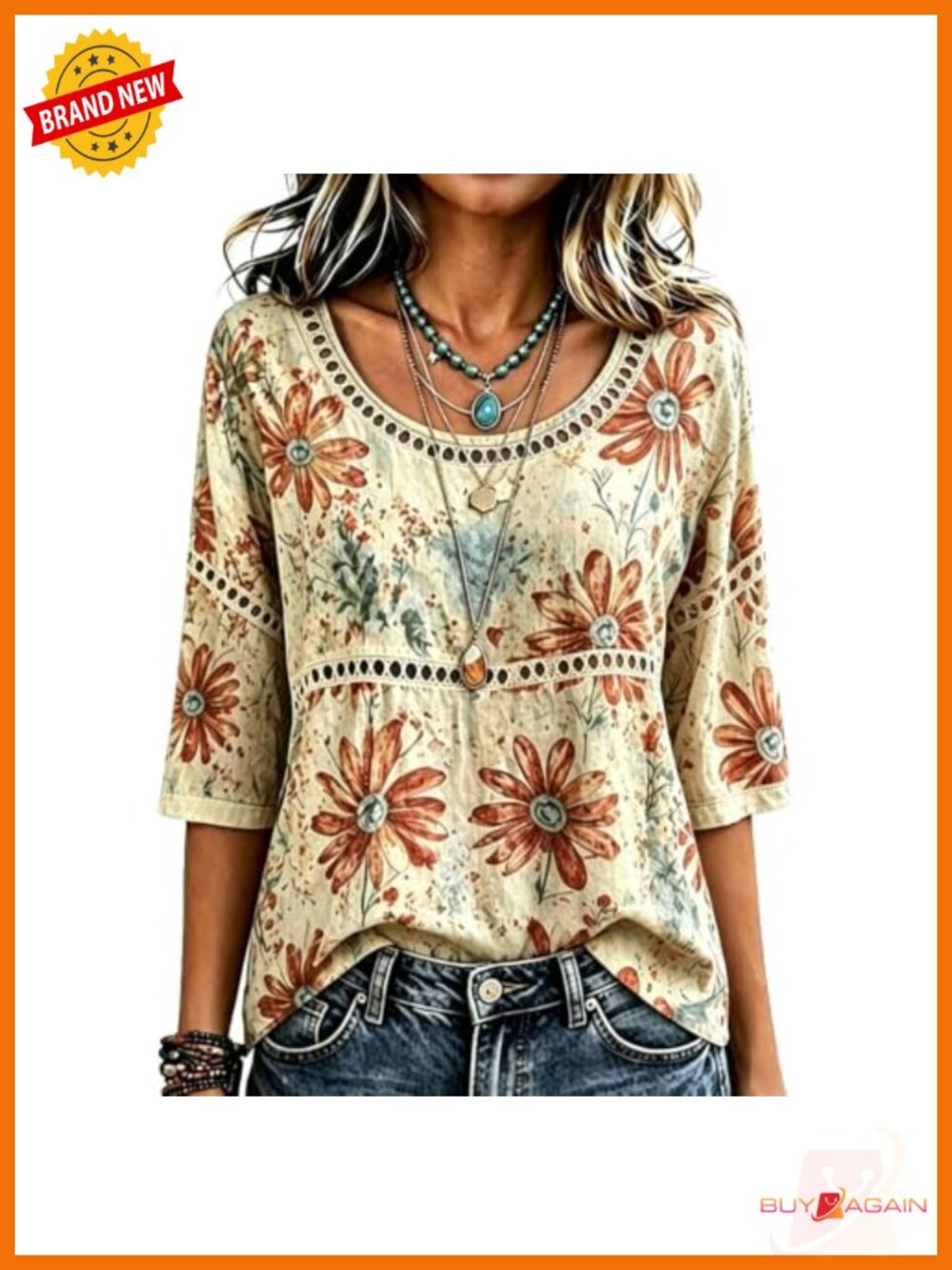 Boho Floral Embroidered 100% Cotton Lace Trim Blouse Top